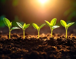 Four young plants emerging from rich soil in sunlight.
