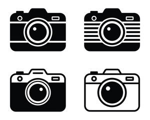 Collection of four black and white camera symbols in flat vector style.