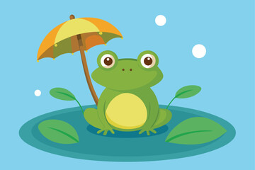 Obraz premium cartoon frog with an umbrella on a lily pad .eps