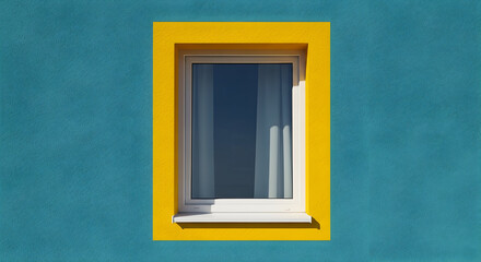 "Playful window framed in sunny yellow on a vibrant blue wall"