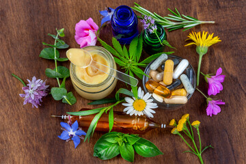 Natural remedies and herbal preparations on wood