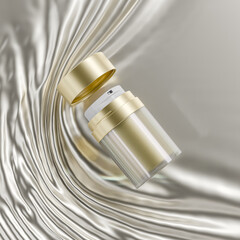 Golden cream jar packaging mockup, airless skincare jar with pump dispenser, elengent acrylic metallic gold cosmetic container, cylindrical double walled refillable facial moisturizing cream container