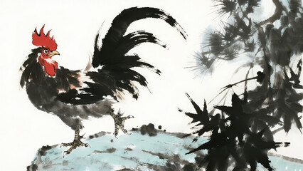 Traditional Ink Painting of a Rooster Perched on a Rock Near Pine Branches