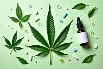 Cannabis Leaves with Pills and CBD Oil Dropper on Green Background