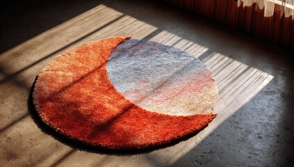 Circular, vibrant rug with crescent moon design