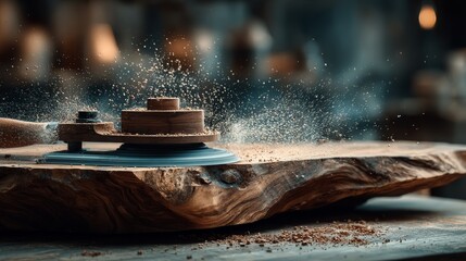 Hand sanding wood with orbital sander on colorful epoxy surface in workshop setting.