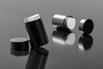 luxury glossy black skincare pump packaging, airless skincare cylindrical packaging with pump dispenser, facial moisturizer cream vacuum Bottle, glossy black acrylic cosmetic packaging mockup