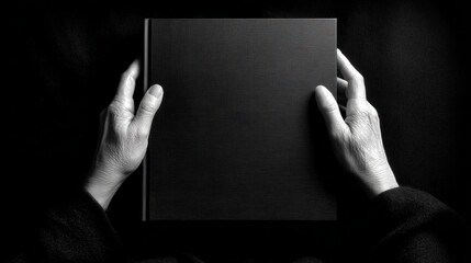 Naklejka premium Hands holding blank black book cover in black and white