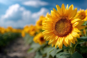 Closeup of sunflower in field with sky backdrop showcasing textures  colors