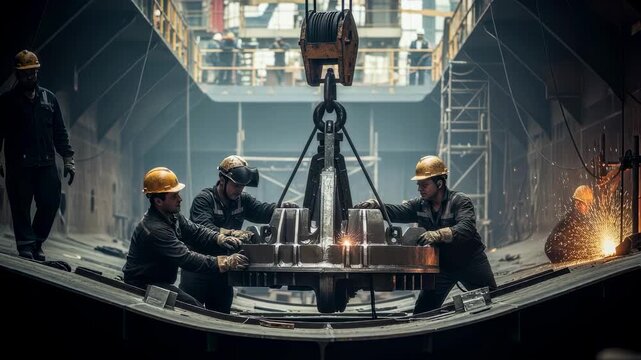 Closeup of shipbuilders installing heavy components inside a large ship under construction.
