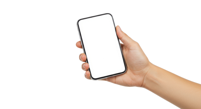 Hand holding up a smartphone with blank screen for mockup isolated PNG with Transparent Background