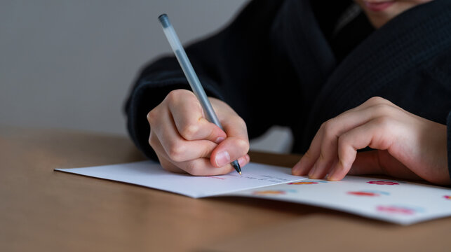 Kid writing on paper,Close up child hands using black ball pen writing card for Mother's day or Birthday card