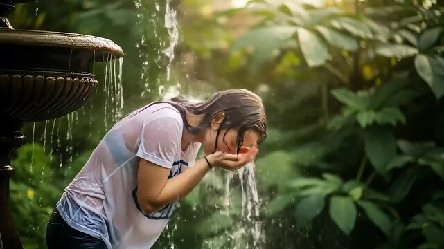 Joyful woman refreshes herself with fountain water outdoors