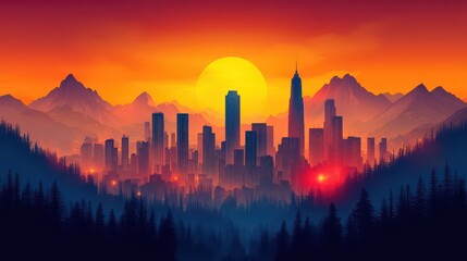 Sunset over a city nestled in mountains.