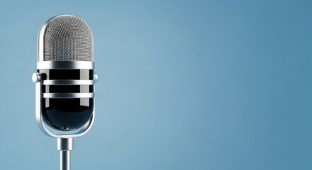 Silver vintage style microphone on a stand against a blue gradient background with copy space