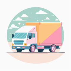 Cartoon Delivery Truck on Road with Sky Background and Pink Details