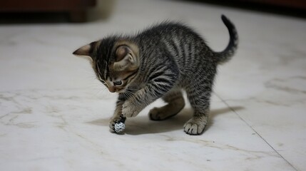 Naklejka premium Playful kitten chasing a small ball on a marble floor