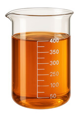 Laboratory beaker filled with amber liquid and measurement markings.