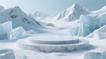 Marble Podium in a Snowy Landscape with Ice Crystals