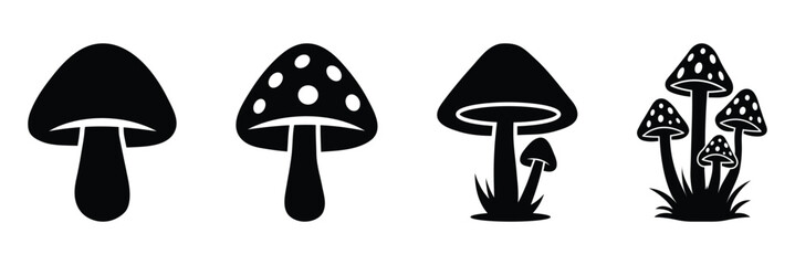 Spotted mushroom silhouette vector illustration, Mushroom silhouette set on white background. Edible and poisonous mushroom icons, Black mushroom graphic elements, Simple silhouette mushrooms