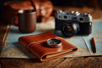 Travel essentials on a wooden table including a camera, compass, and leather notebook.