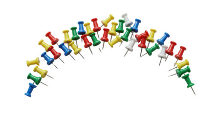 Pile of colorful push pins arranged in arch shape isolated PNG with Transparent Background