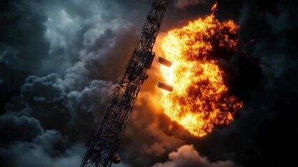 Explosive fireball engulfs metal tower with dark smoke cloud in night sky, intense energy and destruction with bright flames and flying debris - Powered by Adobe