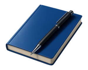 Blue notebook with a black ballpoint pen.
