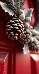 Close-up of a Christmas wreath on a red door