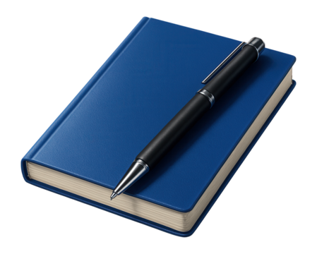 Blue notebook with a black ballpoint pen.