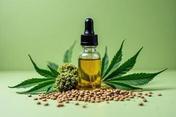 CBD Oil Bottle with Cannabis Leaves, Seeds and Buds on Green Background
