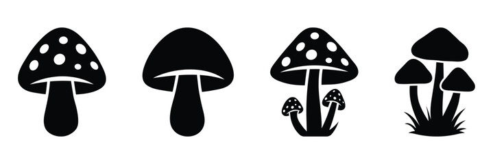 Four different mushroom silhouettes, minimal black and white mushroom, mushrooms vector illustration, simple toadstool shapes for decoration and branding.