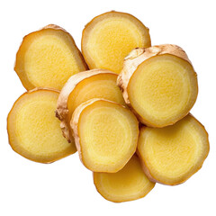 Ginger slices top view isolated on transparent background