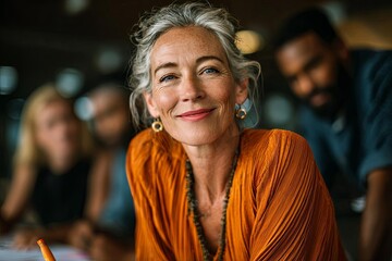 A confident woman smiling warmly, showcasing elegance and positivity in a modern setting.
