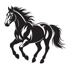 Obraz premium Black horse galloping with flowing mane and tail isolated on white background