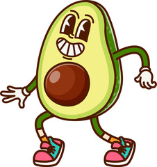 Cartoon groovy avocado half cheerful character. Healthy nutrition and diet food product, tropical fruit isolated vector character. Ripe and fresh avocado half cheerful groovy mascot or happy personage