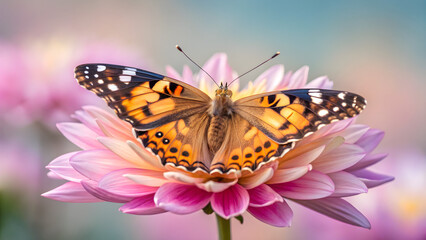 Stunning monarch butterfly rests on vibrant pink zinnia flower in soft sunlight