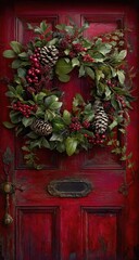 Festive wreath adorns a vintage red door