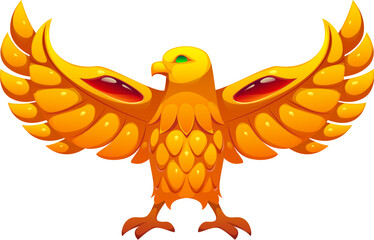 Cartoon golden falcon with outstretched wings, ancient Egypt game icon asset, vintage Egyptian symbol and treasure. Vector majestic Horus bird symbolizing power, divinity and protection in mythology