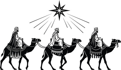 Three wise men following the star on camels isolated on white background