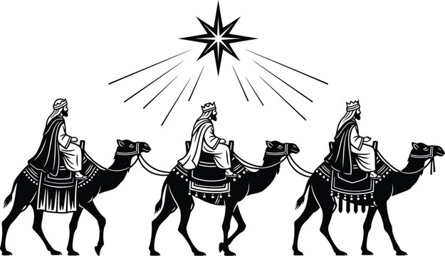 Three wise men following the star on camels isolated on white background
