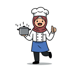 Muslim female chef with hijab carrying a pot and giving thumbs up