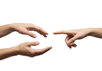 Two clean, neutral-toned human hands almost touching, one reaching with open palm, the other with an index finger, against a transparent background with copy space, concept of new beginnings and