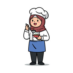 Muslim female chef with hijab tasting food with spoon