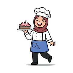 Muslim female chef with hijab holding a decorated cake
