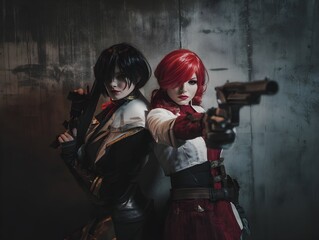 Naklejka premium Retro vs. Contemporary: Women in Costume with Guns