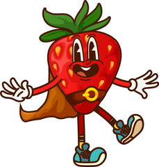 Groovy strawberry berry pirate and corsair character wears a flowing cape, retro sneakers, and waves confidently, symbolizing swashbuckler strength, positivity with a playful and dynamic y2k sea vibe