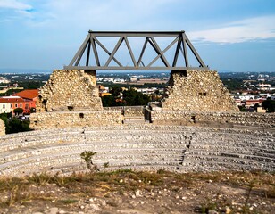Obraz premium Ancient amphitheater and metal bridge ruins