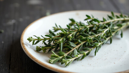 Fresh thyme sprigs arranged on a ceramic plate, a fragrant and versatile herb perfect for vegan, vegetarian, and healthy plant-based recipes.