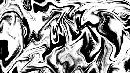 Abstract monochrome digital artwork with swirling black and white liquid marble textures. Fluid patterns create a sense of motion and chaos, resembling paint poured and swirled.